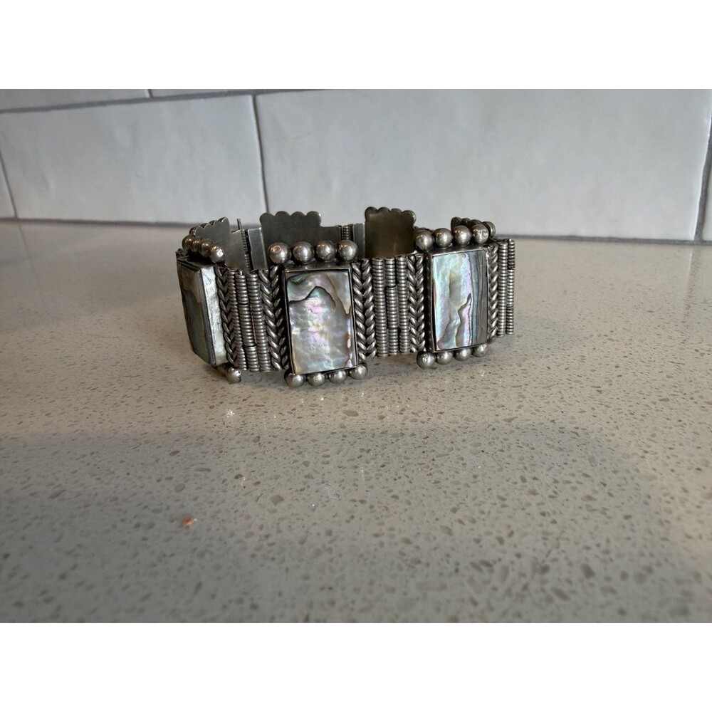 Mexican Silver Vintage Alpaca Abalone Womens Panel Bracelet